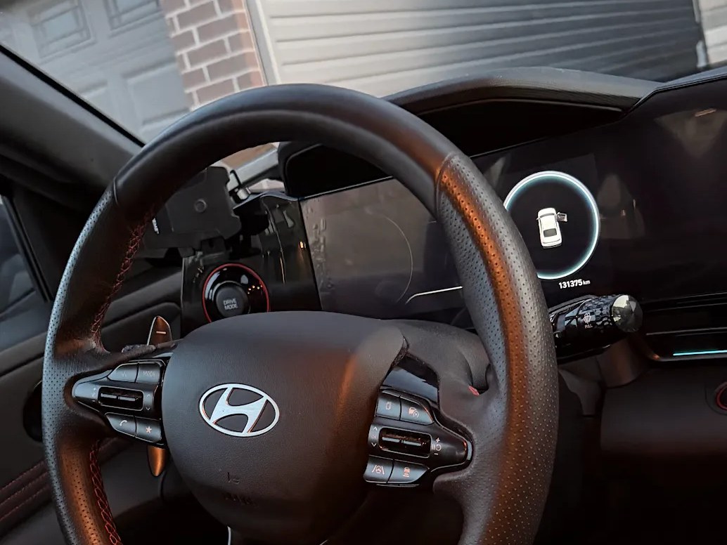 Red-stitched steering wheel on a Hyundai Elantra N in Ottawa
