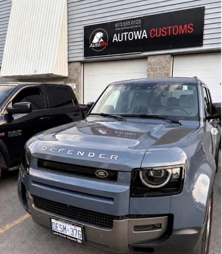 Grey Land Rover Defender tinted at the AutoWa Customs shop in Ottawa